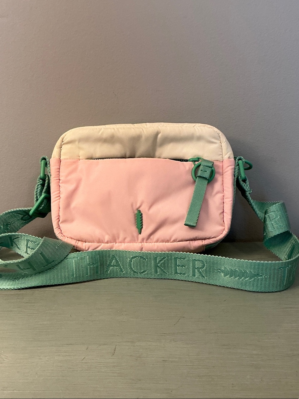 Thacker Camera Crossbody Bag in Pink, Aqua and Cream
